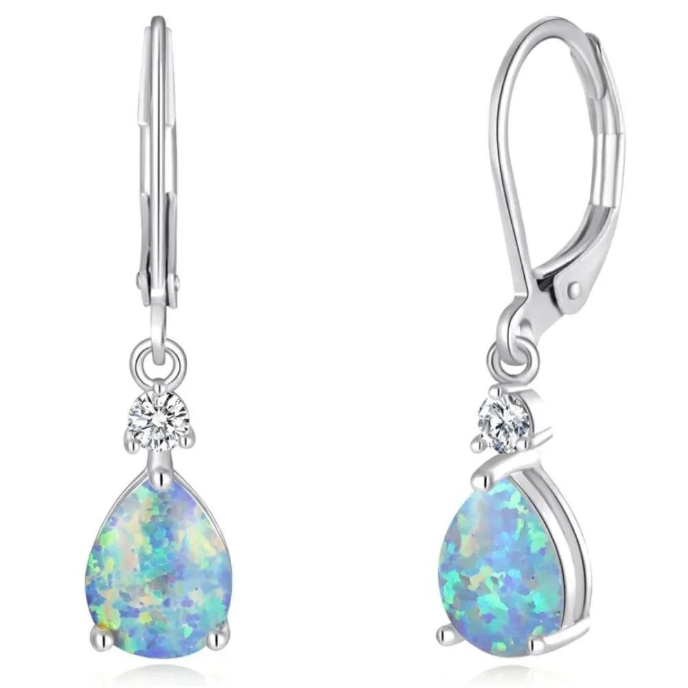 14K White Gold with Genuine Blue Purple Fire Opal Teardrop Leverback Earrings